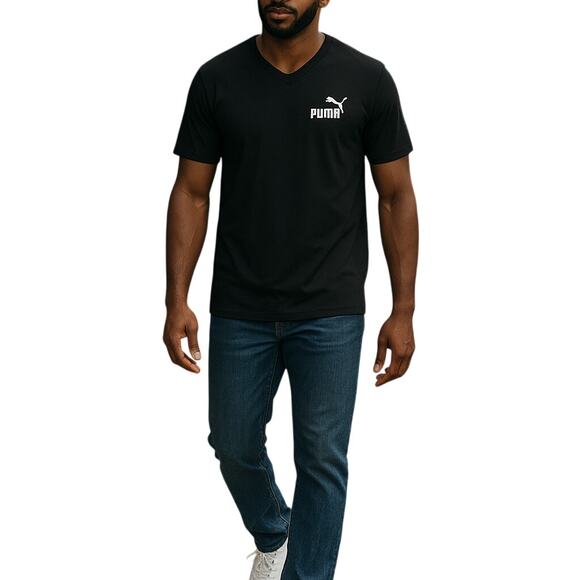 Puma Men's Black Cotton Activewear V-Neck Logo T-Shirt M - Picture 1 of 8